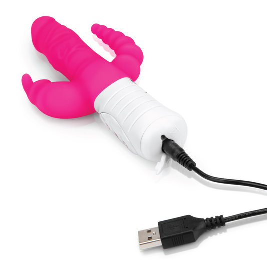 Rabbit Essentials RR Rechargeable Slim Double Penetration Rabbit Vibrator Hot Pink