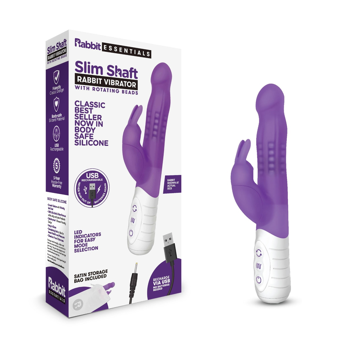 Rabbit Essentials RR Rechargeable Slim Shaft Rabbit Purple