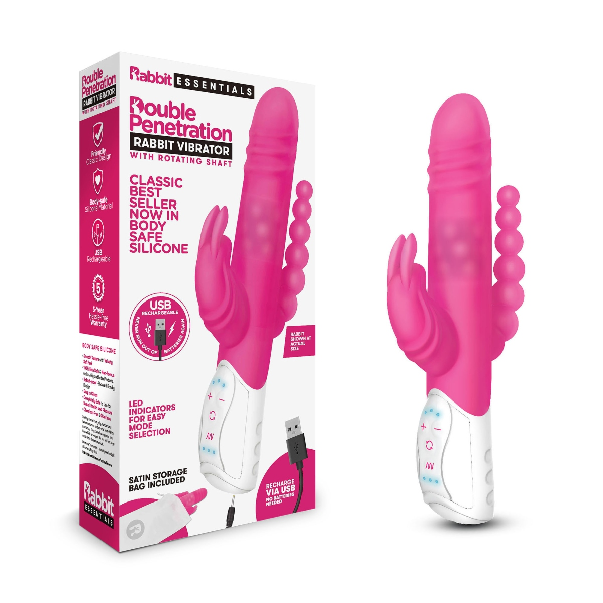 Rabbit Essentials RR Rechargeable Double Penetration Rabbit Hot Pink