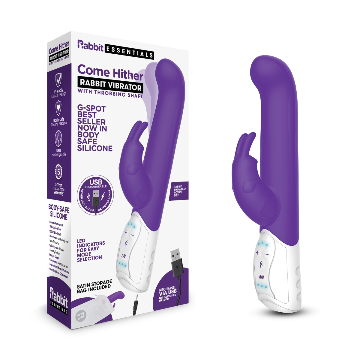 Rabbit Essentials RR Rechargeable Come Hither G Spot Rabbit Vibrator Purple