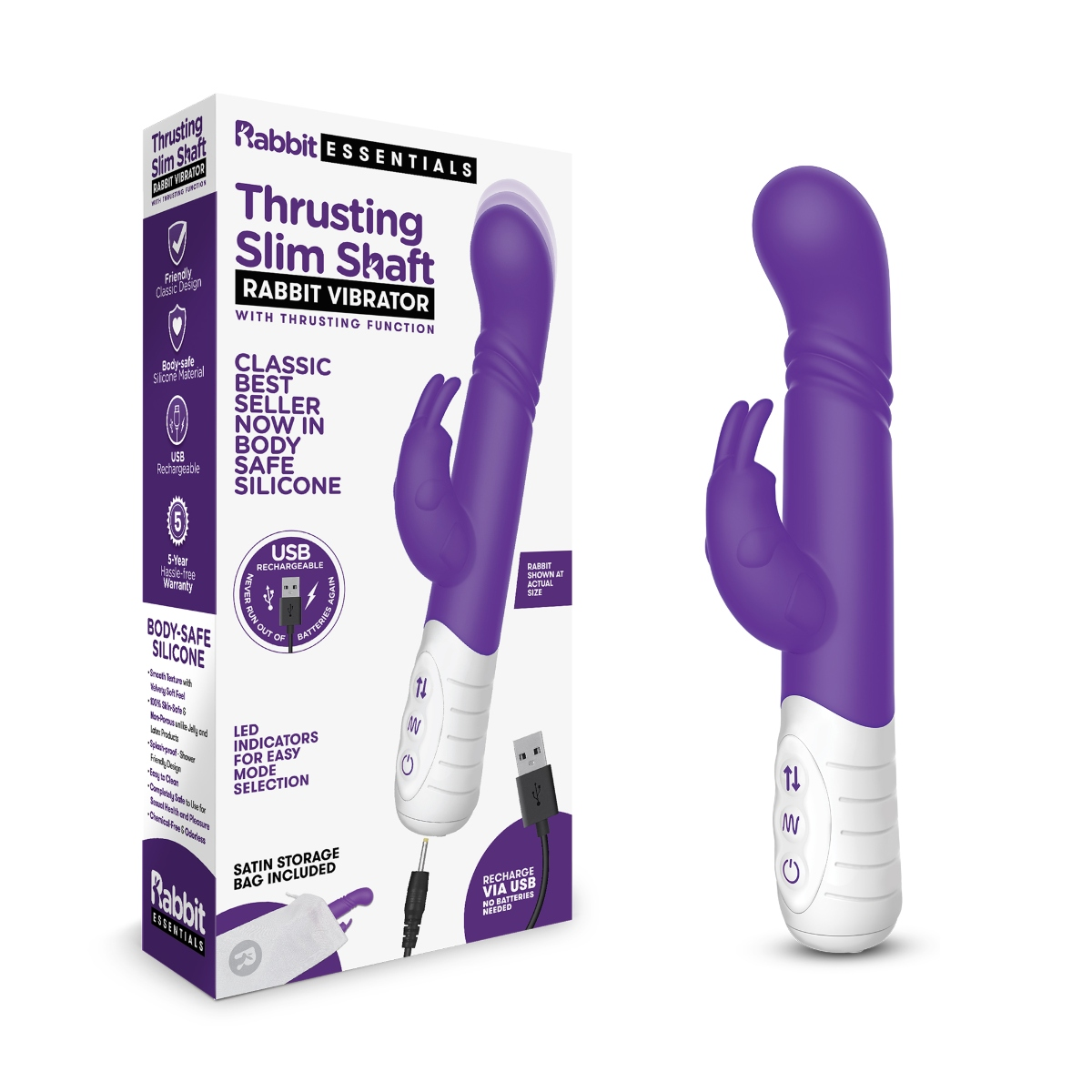 Rabbit Essentials Rechargeable Slim Shaft thrusting G Spot Rabbit Vibrator Purple