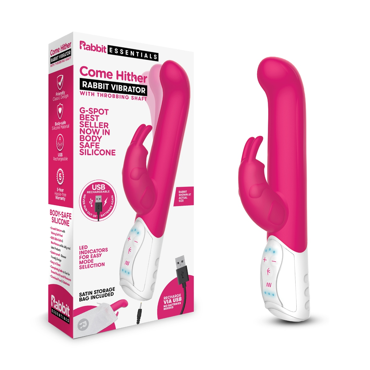 Rabbit Essentials RR Rechargeable Come Hither G Spot Rabbit Vibrator Hot Pink