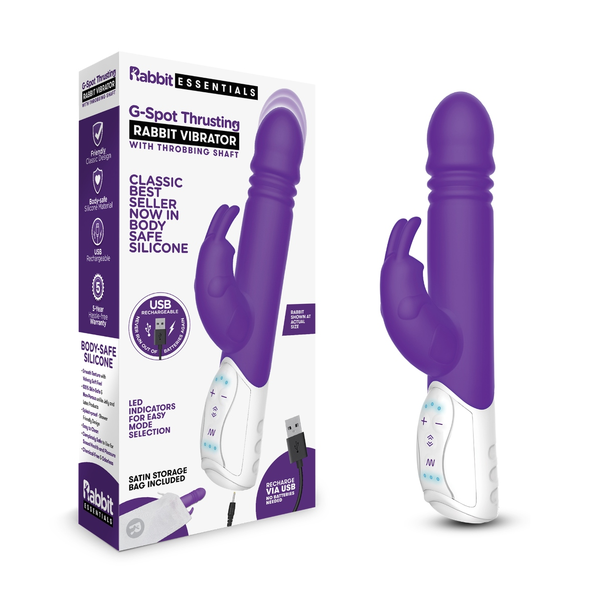 Rabbit Essentials RR Rechargeable G Spot Thrusting Rabbit Vibrator Purple