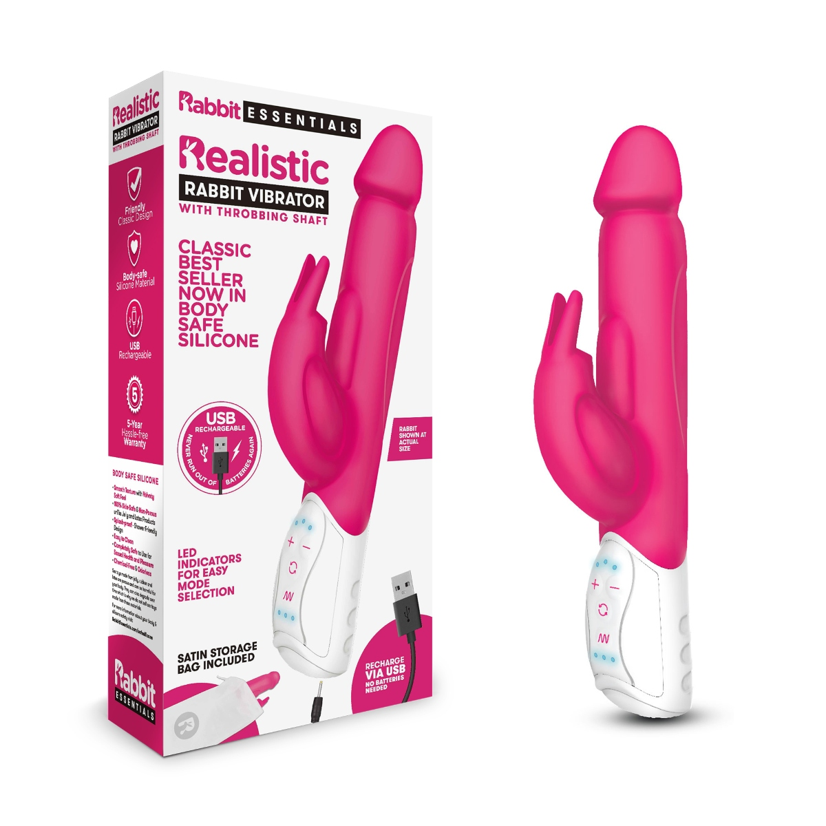 Rabbit Essentials RR Rechargeable Realistic Rabbit Hot Pink